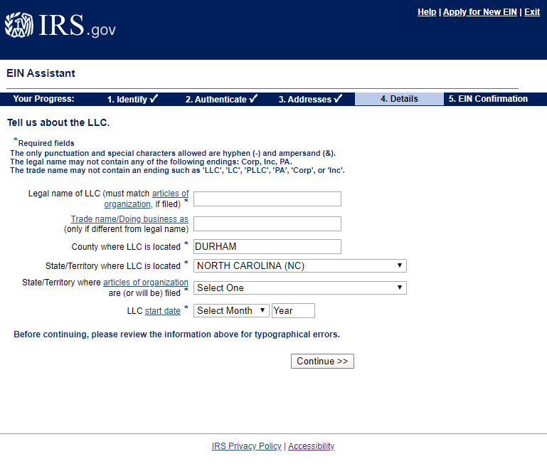 EIN Screen - Tell us about the LLC - NC Business Blog