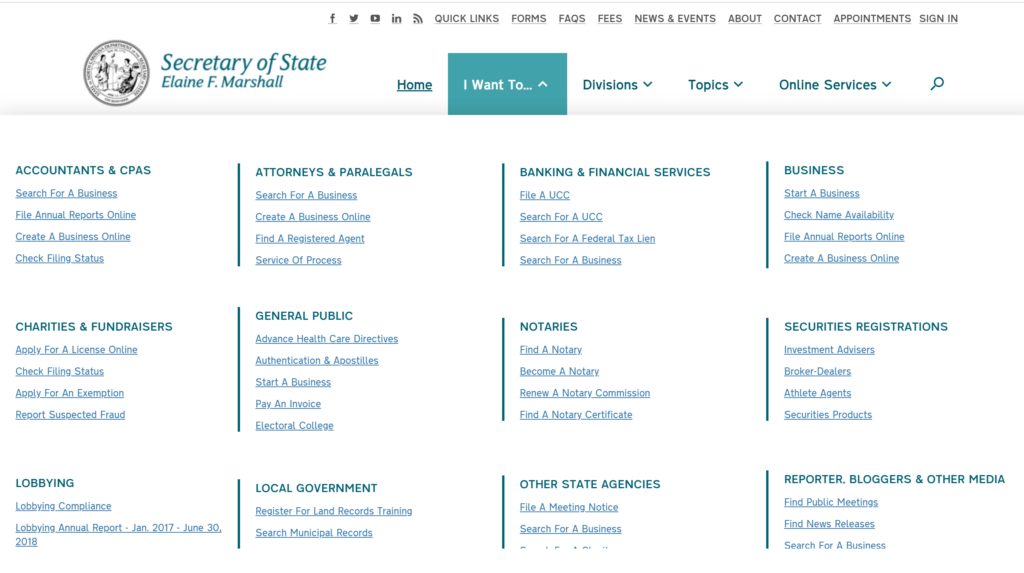 Secretary of State website main menu.