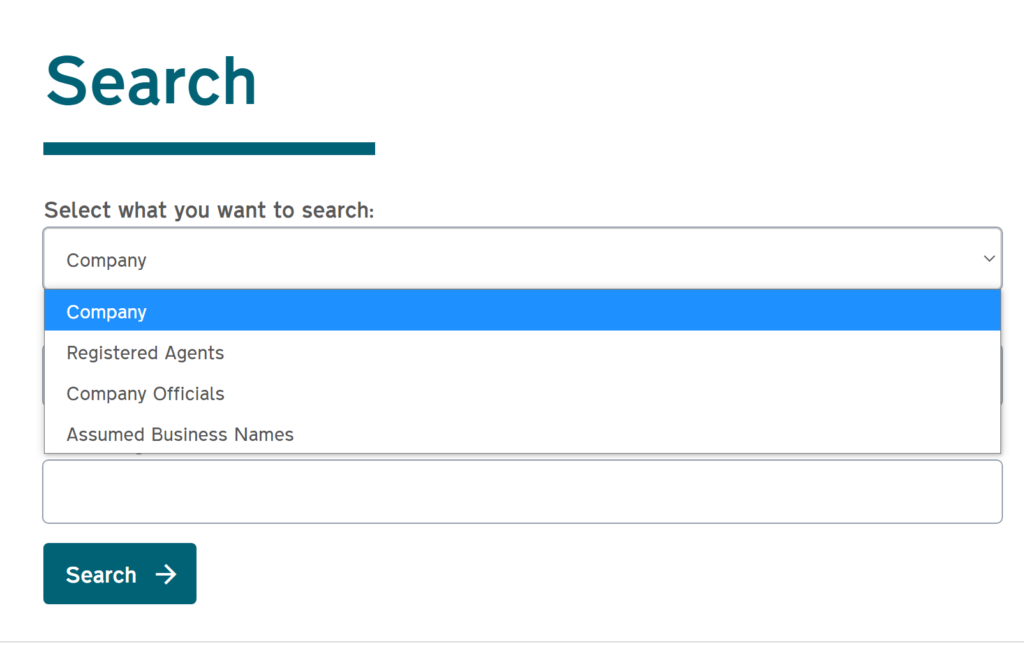 Screenshot of a Search Dropdown on the Secretary of State's Website. Dropdown includes Company, Registered Agents, Company Officials, and Assumed Names - NC Business Blog - Starting a North Carolina Nonprofit.
