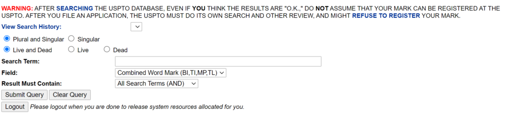 Screenshot of Trademark Search Fields - NC Business Blog - North Carolina Nonprofit