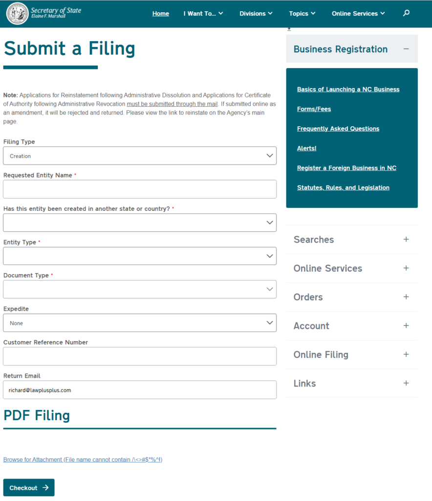 Screenshot of the Submit a Filing screen for your North Carolina Nonprofit corporation.
