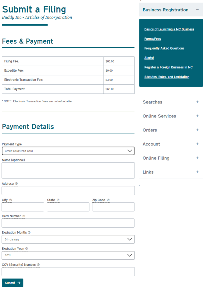 Screenshot of the payment screen for your North Carolina Nonprofit Corporation filing on the Secretary of State's website.