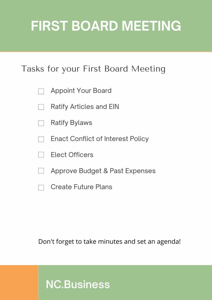 First Board Meeting Checklist - NC Biz - North Carolina Nonprofit