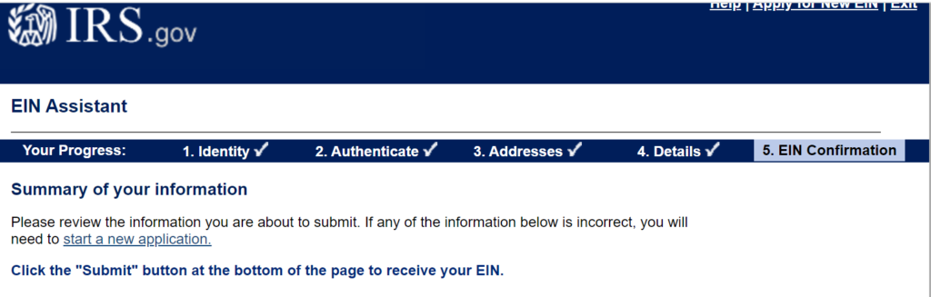 Top of the Summary Screen for the IRS's EIN application process. 